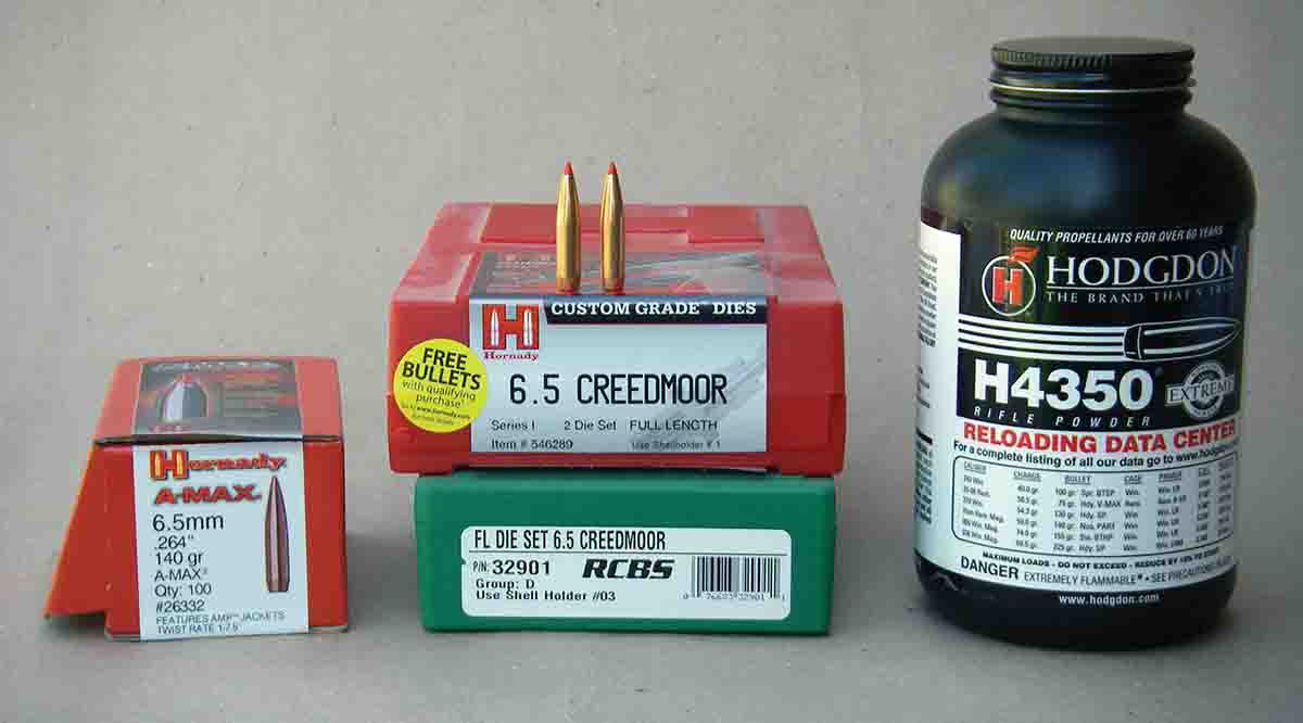 To duplicate original Hornady 6.5 Creedmoor factory loads containing 140-grain A-MAX bullets, use 41.5 grains of H-4350 powder with Federal Gold Medal 210M primers.